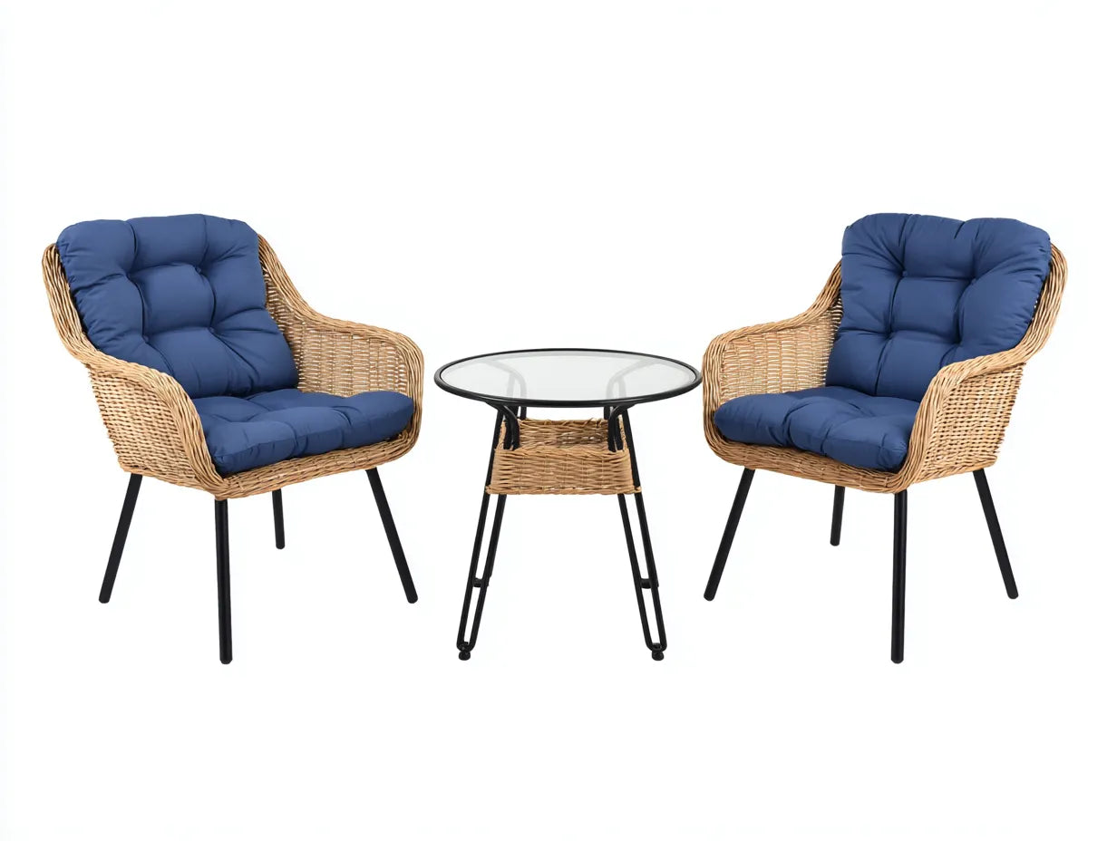 Conjunto de jardín de tres piezas de ratán sintético 76×74×83 cm – ratán claro azul marino y negro – sillones envolventes