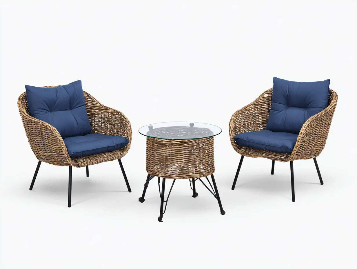 Conjunto de jardín de tres piezas 145 x 70 x 88 cm - ratán natural y azul marino - con mesa auxiliar de cristal