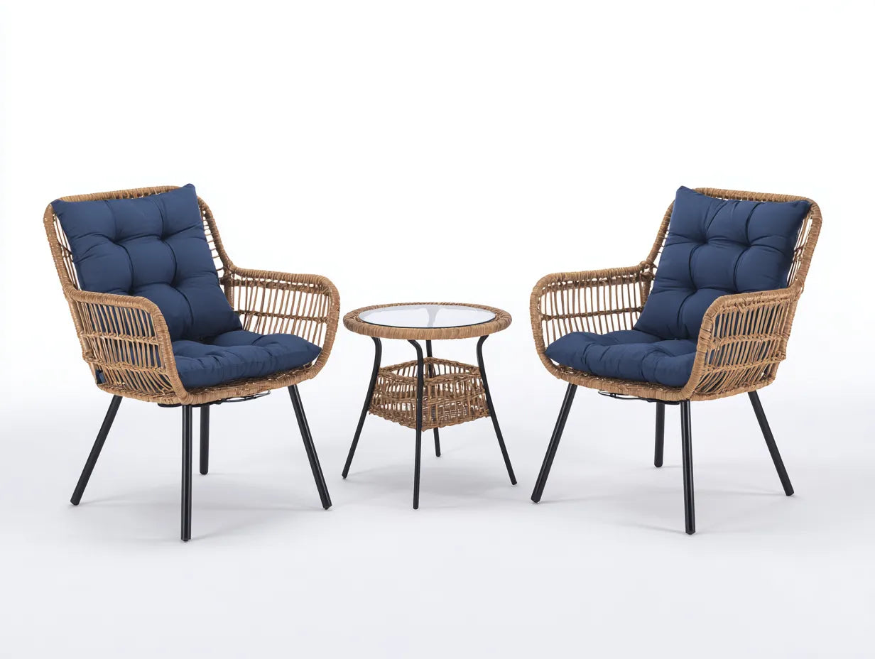 Conjunto de jardín de tres piezas de ratán sintético 74×76×86 cm – natural azul marino y negro – mesa con balda