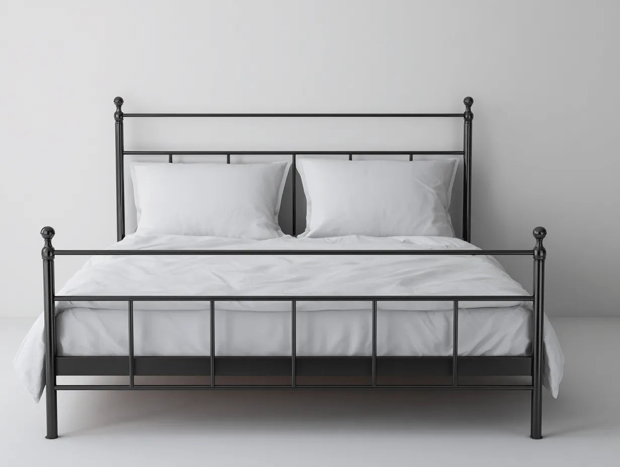 Cama doble de acero 200×160×112 cm - negro satinado - piecero alto con detalle de esferas