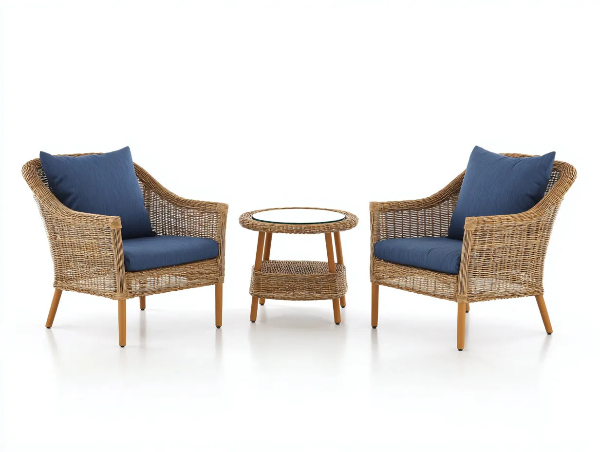 Conjunto de jardín de tres piezas 162 x 74 x 83 cm - ratán natural y azul marino - con sillones acolchados