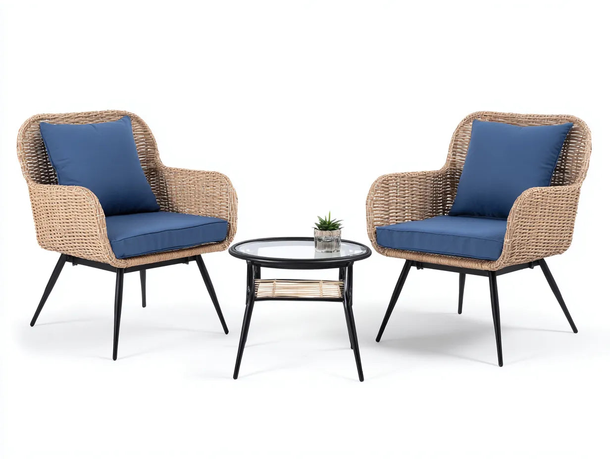 Conjunto de jardín de tres piezas de ratán sintético 78×82×92 cm – natural azul marino y negro – respaldo alto