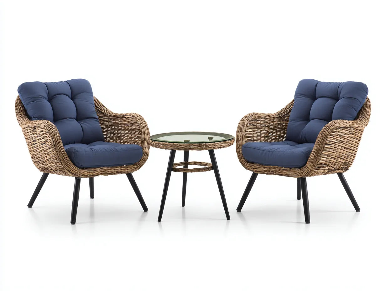 Conjunto de jardín de tres piezas de ratán sintético 75×80×89 cm – natural azul marino y negro – mesa redonda de vidrio