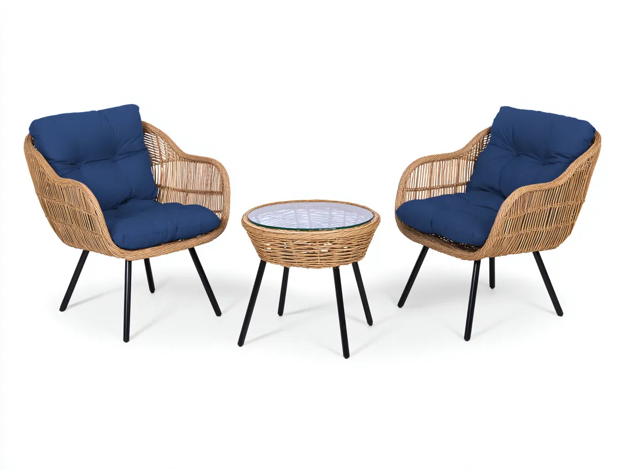 Conjunto de jardín de tres piezas 158 x 70 x 84 cm - ratán natural y azul marino - con mesa baja redonda