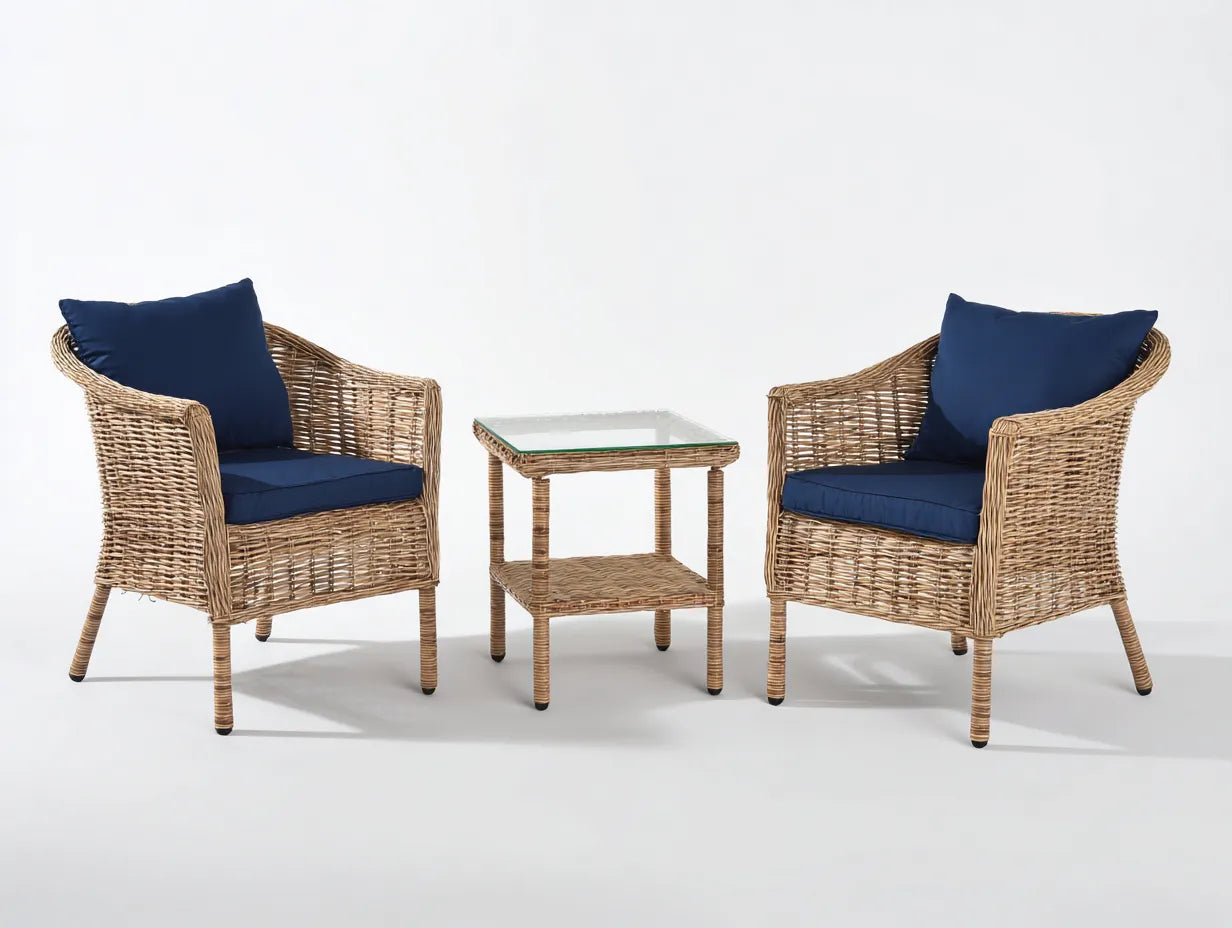 Conjunto de jardín de tres piezas 150 x 68 x 86 cm - ratán natural y azul petróleo - con mesa auxiliar y balda
