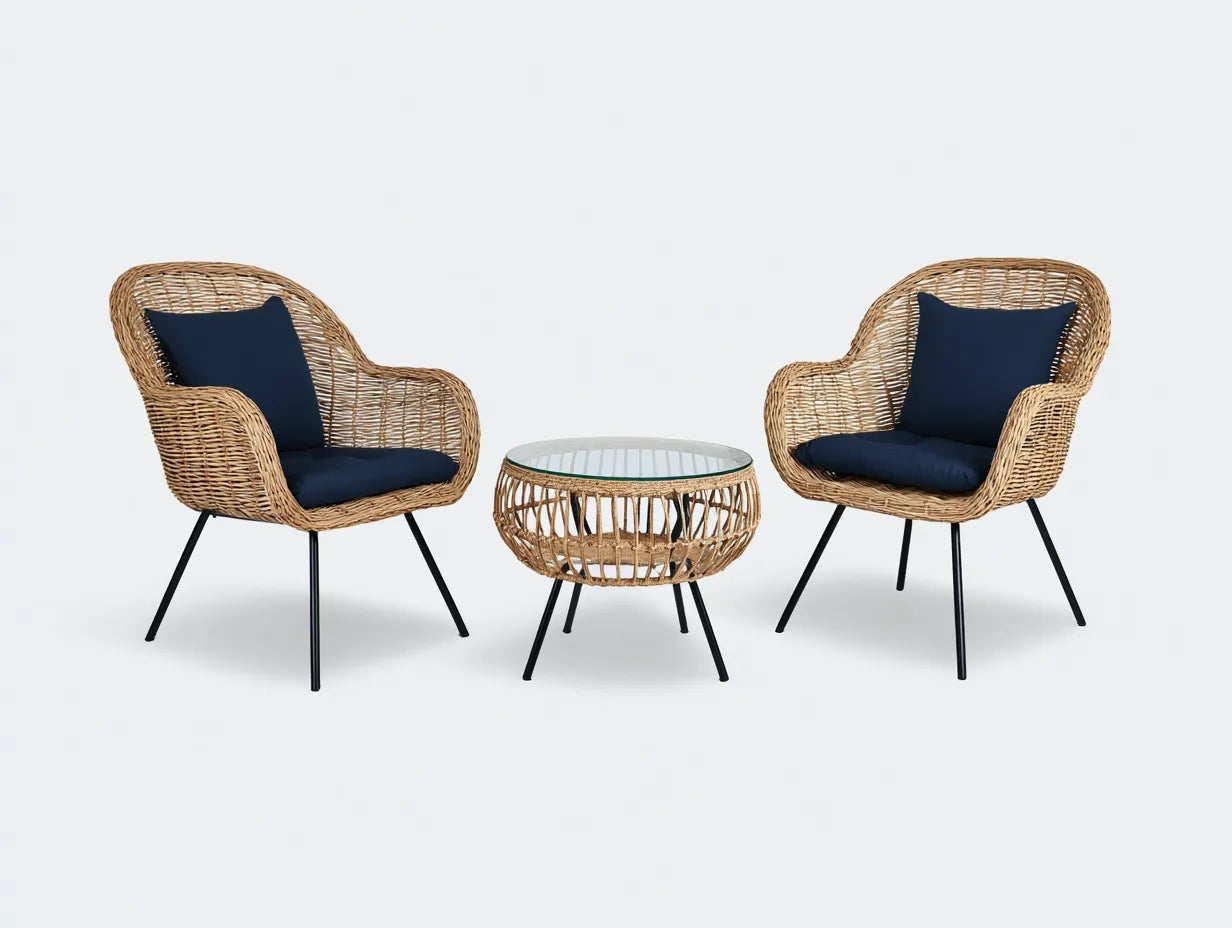Conjunto de jardín de tres piezas 160 x 72 x 82 cm - ratán natural y azul marino - con mesa redonda de cristal