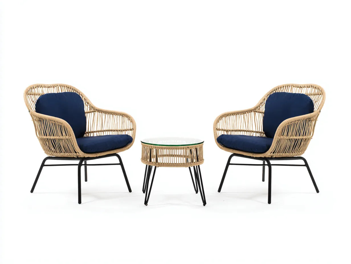 Conjunto de jardín de tres piezas de ratán sintético 72×78×91 cm – natural azul marino y negro – cojines capitoné