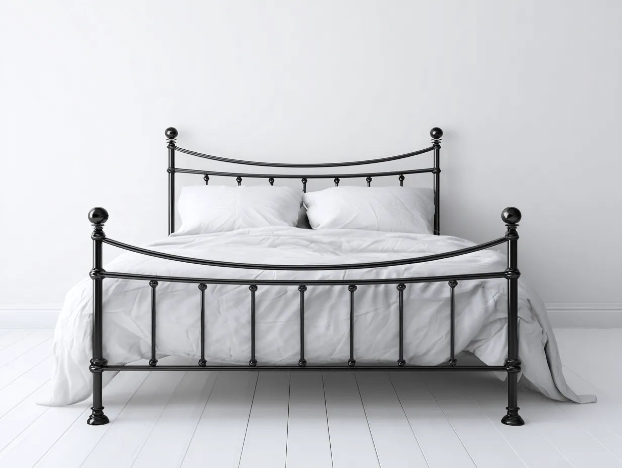 Cama doble de metal 206 x 158 x 120 cm - negro satinado - postes con terminales esféricos